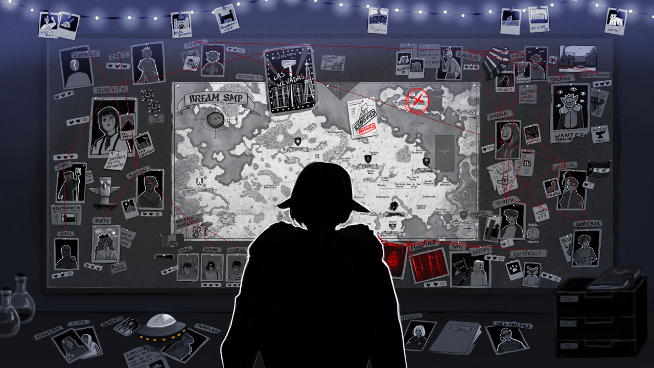 A drawing of Tubbo standing in front of a detective's cork board with various photos, posters, a map of the SMP, and red string connecting several things together. So far, nothing stands out, but Tubbo is determined to figure it out.